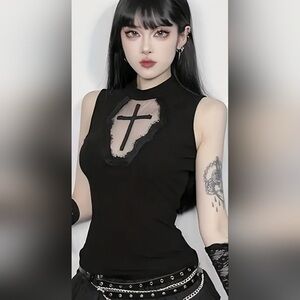 Gothic Black Top W Mesh Cross L/XL